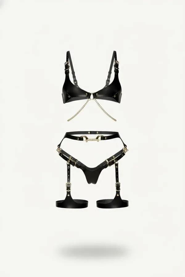 Faux Leather Bra Harness Set with Chain & Garter Straps