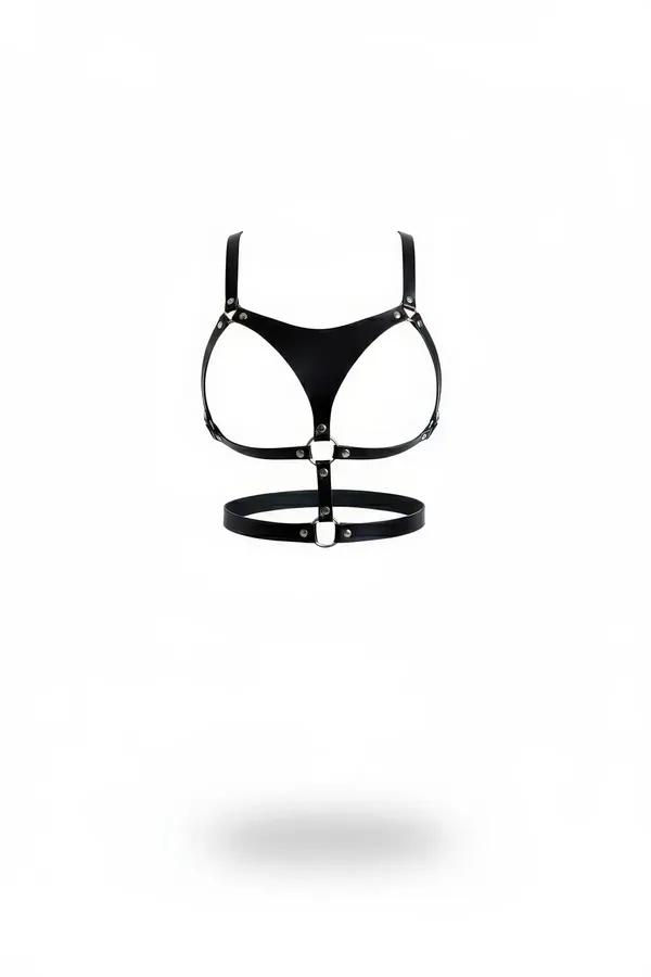 Black Faux Leather Chest Harness with O-Ring Details