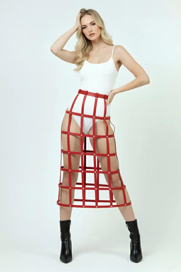 Red Faux Leather Cage Skirt Harness