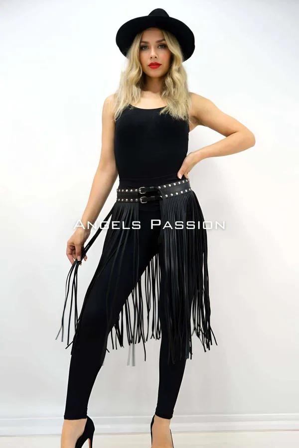 Studded Fringe Faux Leather Skirt Overlay