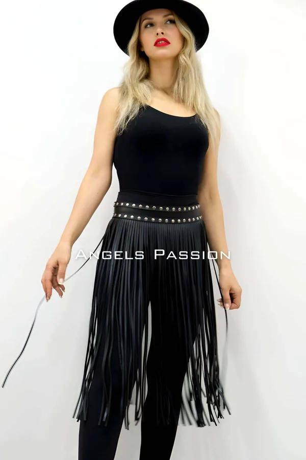 Studded Fringe Faux Leather Skirt Overlay
