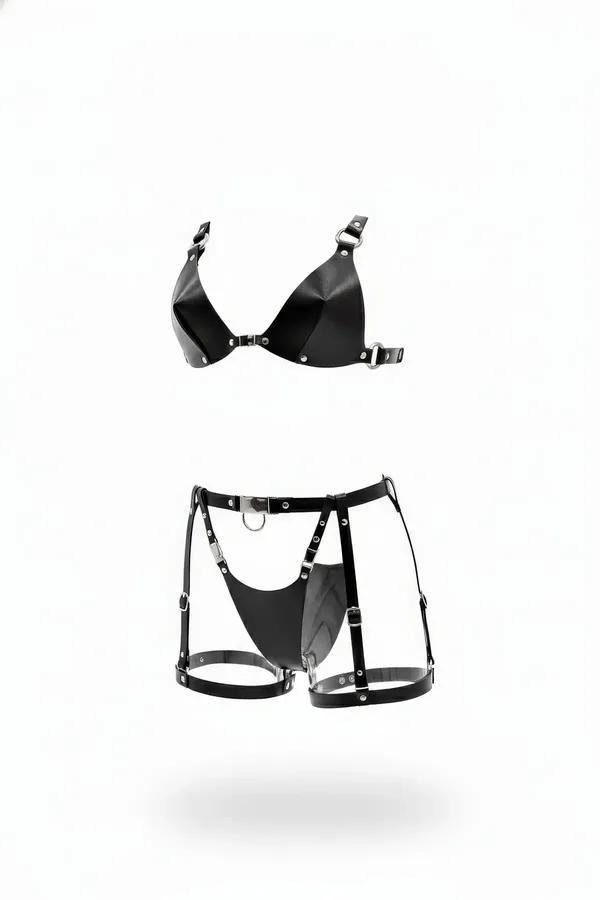 black faux leather geometric bra top and garter short harness set with silver O-ring hardware flat lay