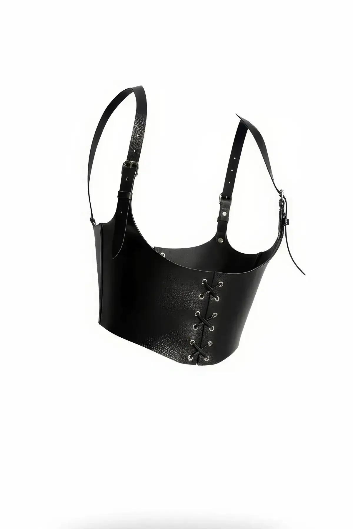 Faux Leather Corset Harness with Lace-Up Front