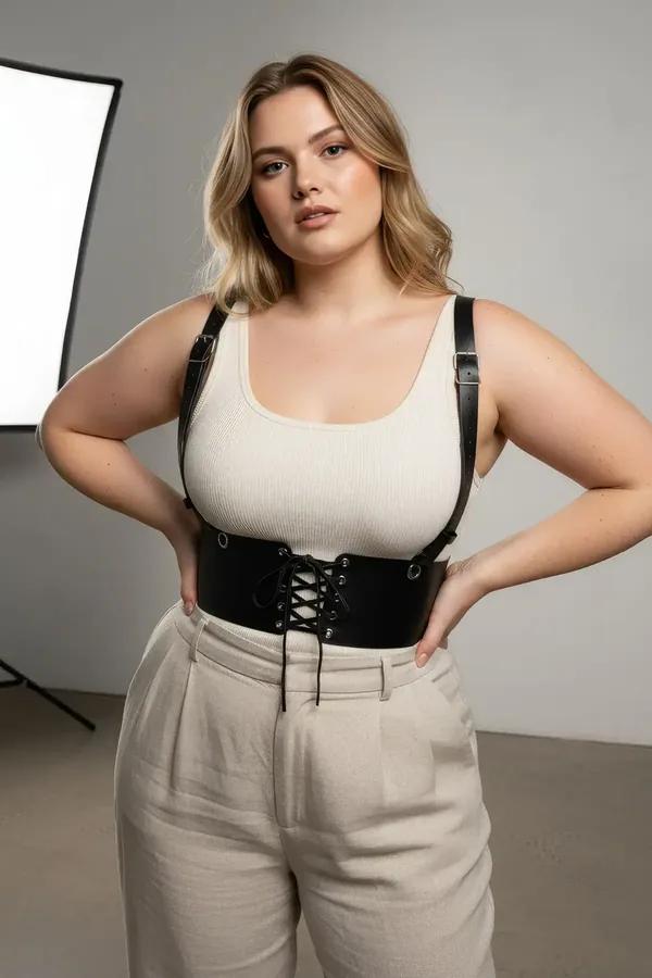 Black Faux Leather Underbust Corset Harness with Shoulder Straps