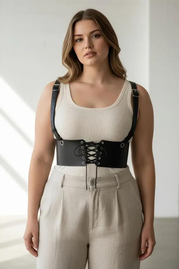 Black Faux Leather Underbust Corset Harness with Shoulder Straps