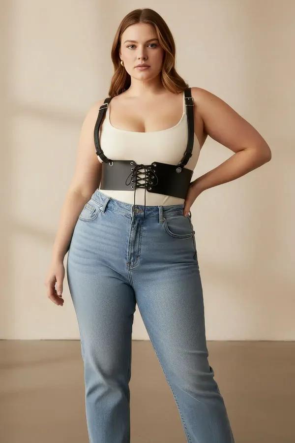 Black Faux Leather Underbust Corset Harness with Shoulder Straps