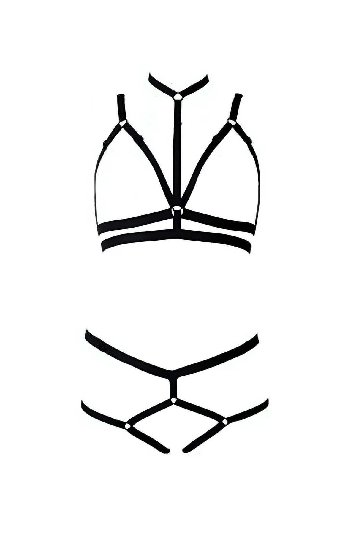 Ayarlanabilir siyah lastik harness sütyen yan görünüm, omuz askısı ve göğüs altı bant yapısı
