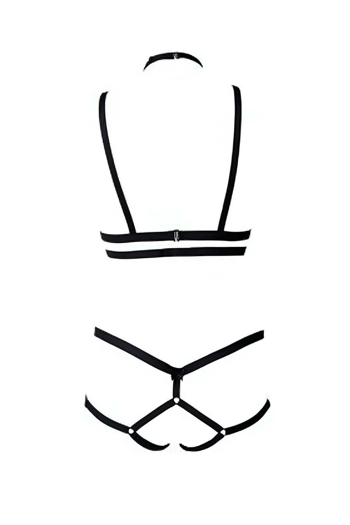 Siyah kafes harness sütyen ve string set tam vücut görünümü, elastan bant siluet detayı