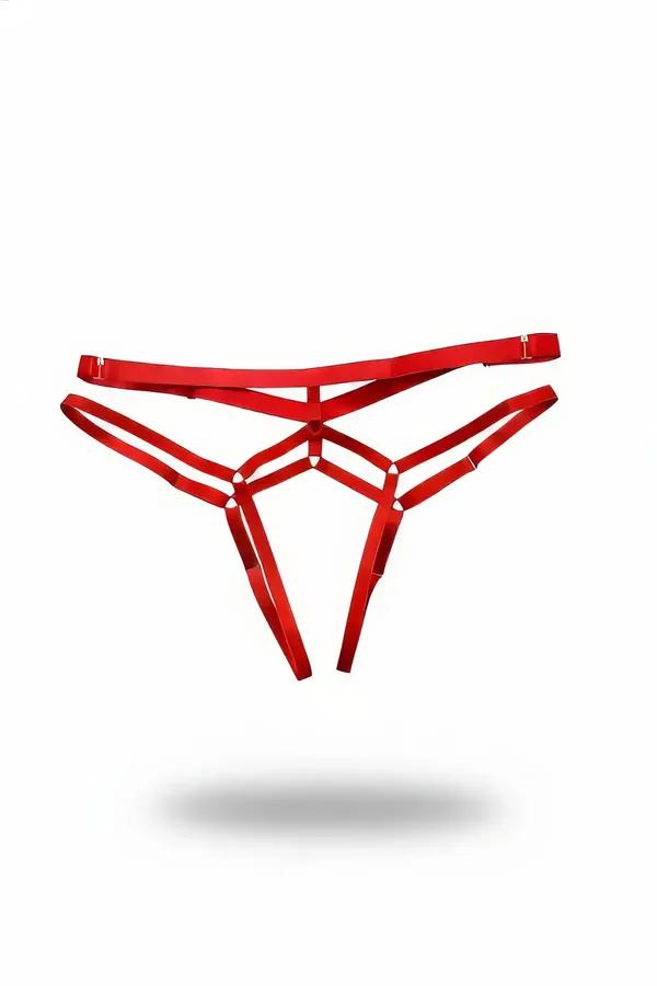 Red Strappy Thong Harness with O-Rings