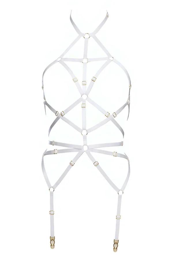 Beyaz elastik geometrik ağ vücut harness dantel çiçek kuplu altın halka jartiyer askılı tam set
