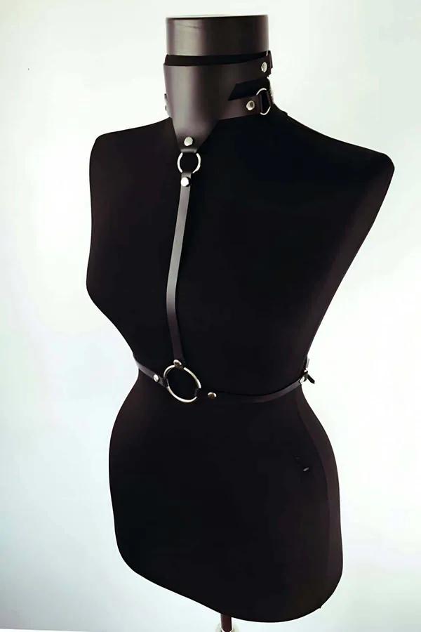Faux Leather Harness with O-Ring & Choker Collar