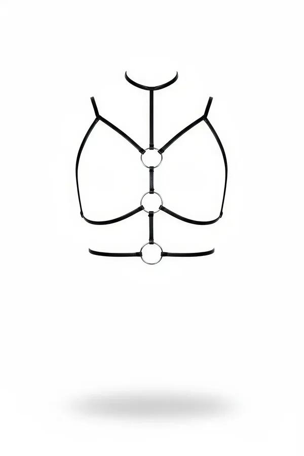 black faux leather o-ring chest harness bra with neck collar and three silver O-rings front view
