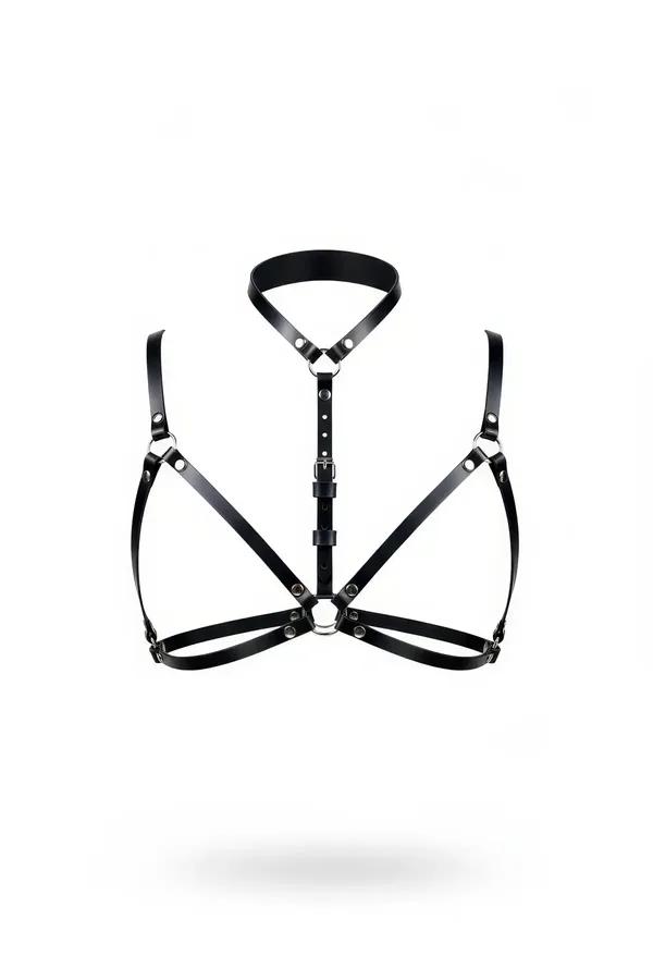 black faux leather chest harness bra with high collar triangular neck band and silver O-ring at underbust
