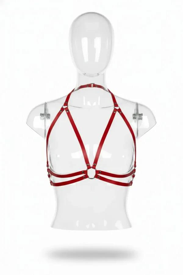 Red Faux Leather Harness Bra with O-Ring Details