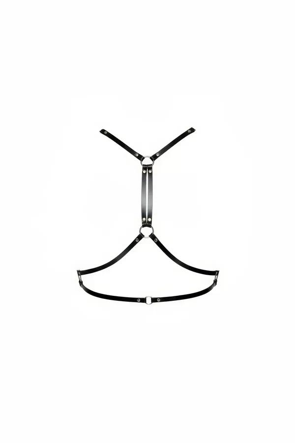 Black faux leather o-ring chest harness with three silver O-rings and Y-strap configuration on white background