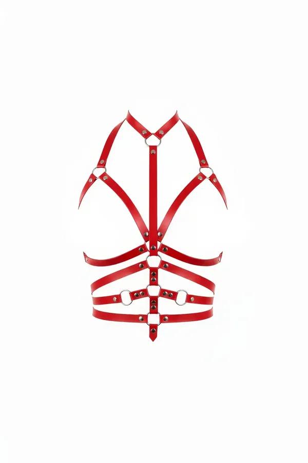 Red faux leather caged chest harness with silver O-rings and rivets, multi-band strappy silhouette