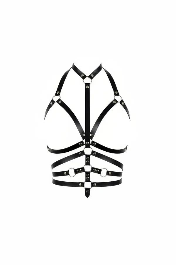 black faux leather caged chest harness with silver O-ring hardware and five horizontal bands front view