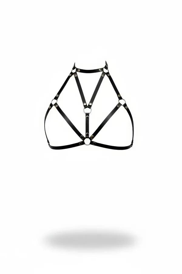 black faux leather caged halter harness bra with three silver O-rings and geometric triangle strap construction