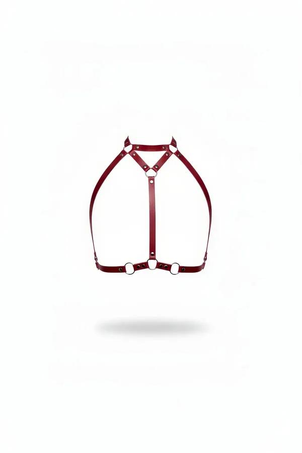 burgundy faux leather high collar chest harness with three silver O-ring accents on underbust band