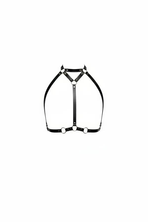 black faux leather chest harness with high triangular collar, silver O-rings on underbust band and silver rivet details