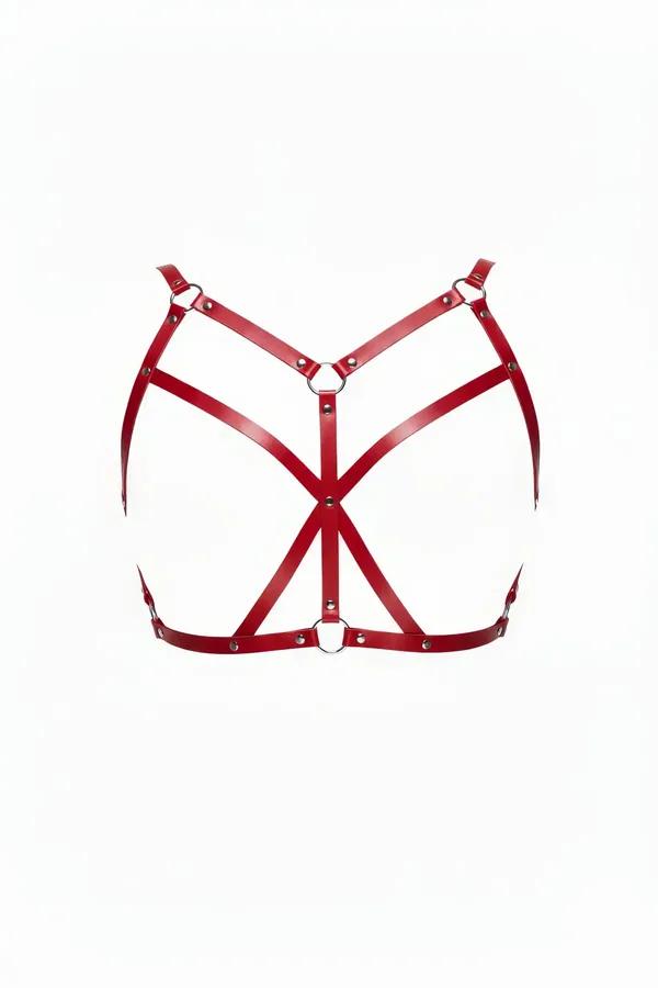 red faux leather chest harness with V-neck strap layout and three silver O-rings, smooth PU material, front view
