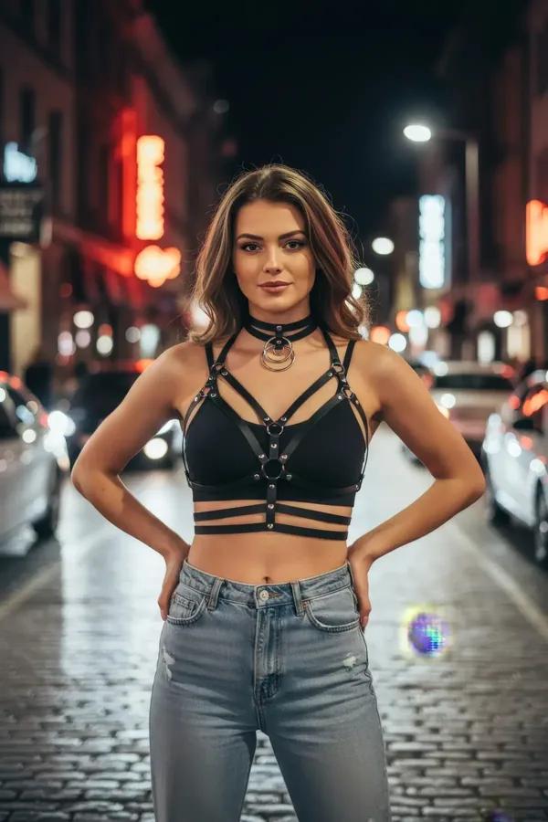 Black faux leather studded cage harness bra with double O-ring choker silver hardware worn over white bra