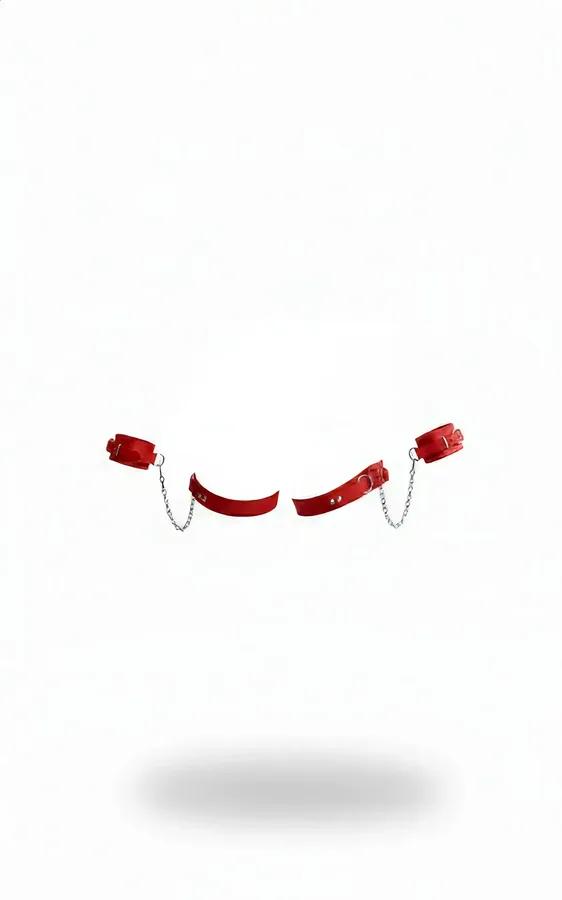 red faux leather wrist and thigh harness set with silver chain links smooth glossy finish four-piece cuff set
