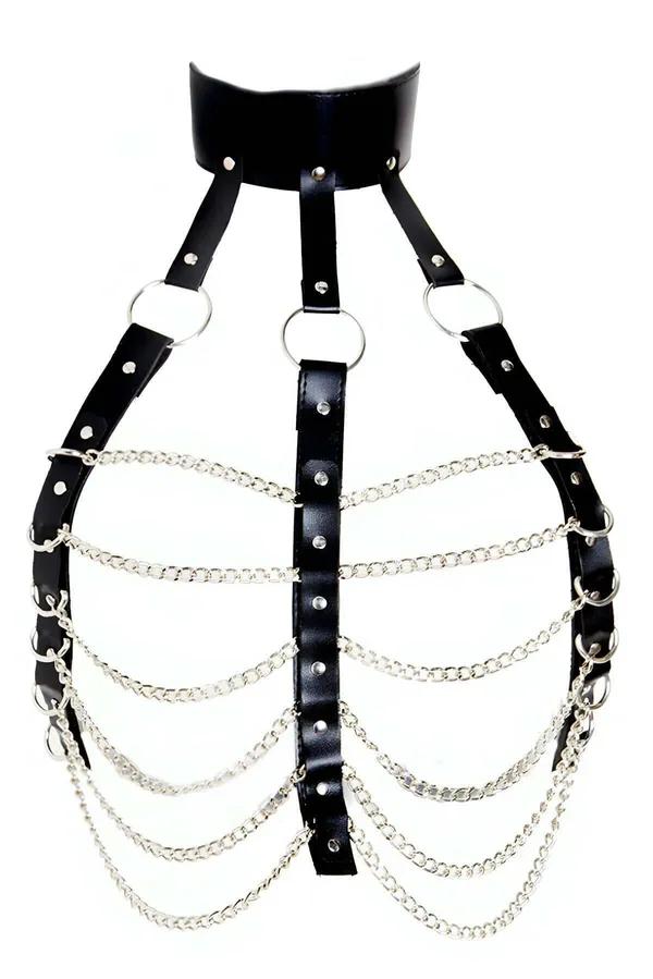 siyah vegan deri zincirli göğüs harness gümüş metal zincir 6 sıra boyun halkası S/M-4XL