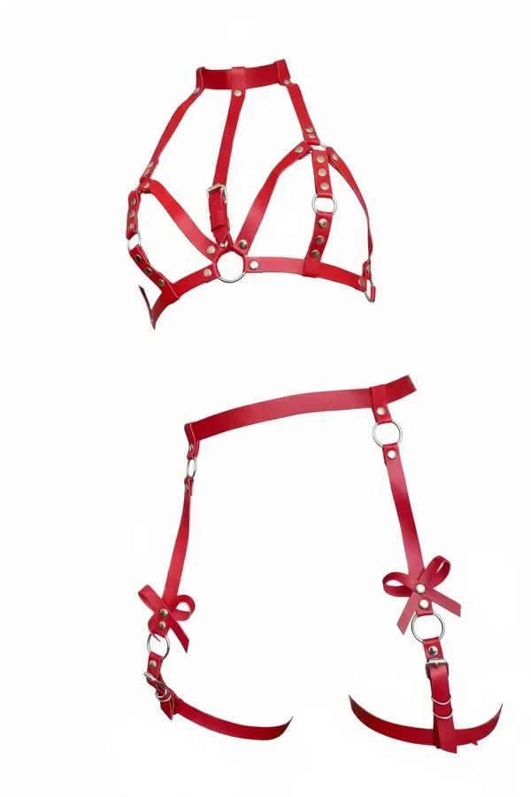 Red faux leather high-collar caged chest harness and bow leg garter set with silver o-rings and stud hardware