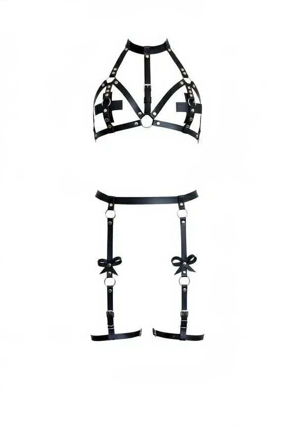 Black faux leather high-neck caged harness bra with bow-detail leg garters two-piece set, silver-tone hardware