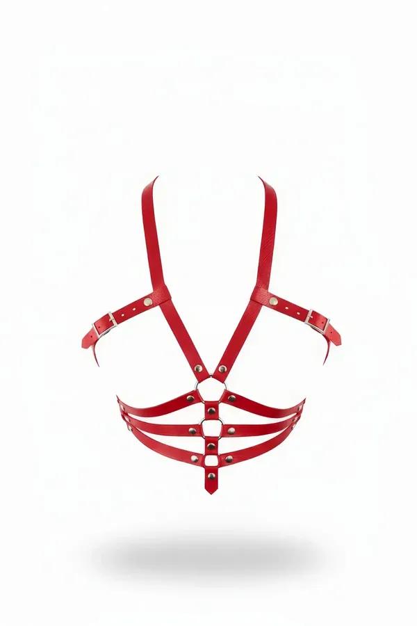red faux leather caged chest harness with triple underbust bands silver O-ring and adjustable buckle shoulder straps