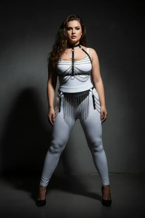 Black Faux Leather Chain Harness Set with Fringe Belt