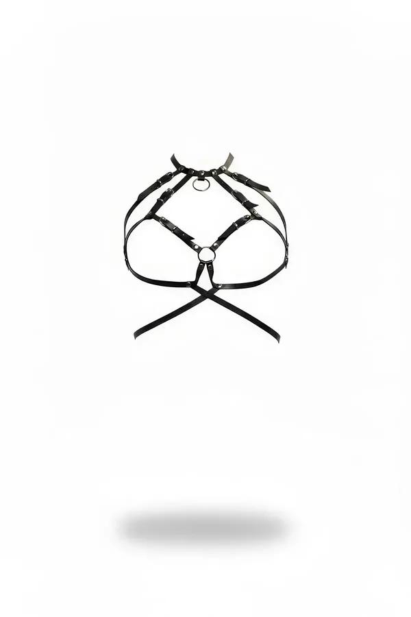 Caged Faux Leather Harness Bra with O-Ring Detail