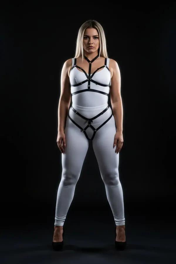 black vegan leather body harness and garter belt set with silver O-rings worn over white leggings, plus size model