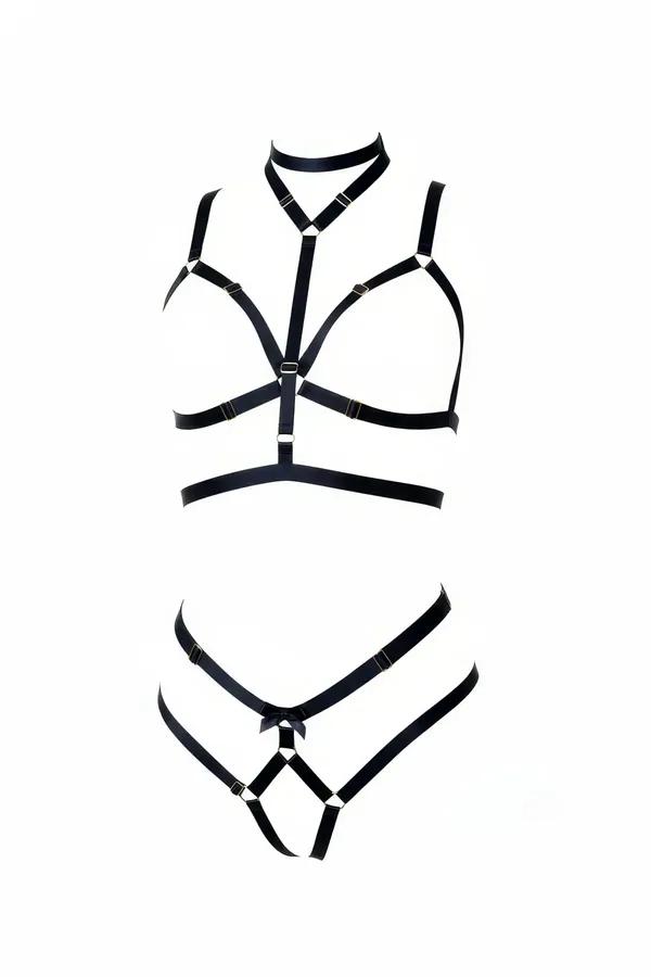 black elastic choker harness bralette and strappy panty set with gold buckles two-piece lingerie