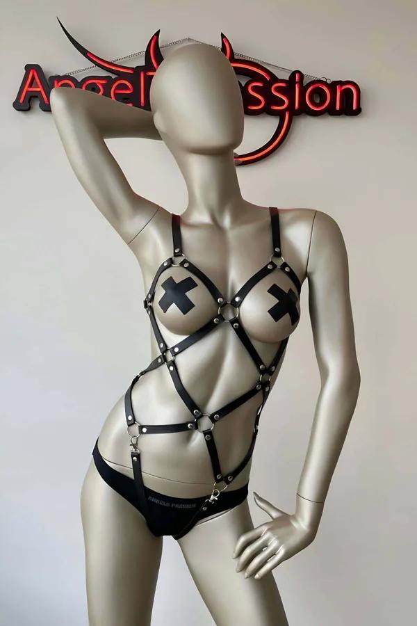 Faux Leather Full Body Harness with O-Ring Design