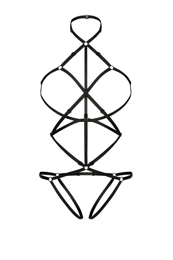 Black Strappy Body Harness with Adjustable Caged Design