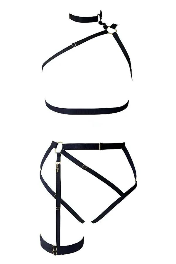 siyah elastik lastik harness takım tek bacak jartiyer altın toka bağlantılı tam vücut