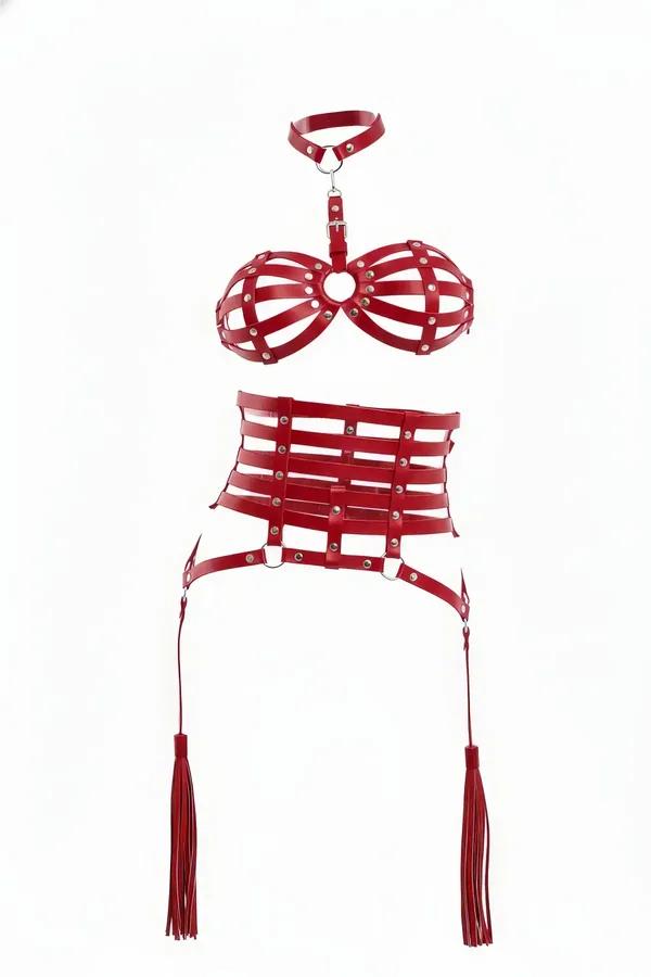 red vegan leather caged harness set with O-ring bra choker and tassel garter belt silver hardware