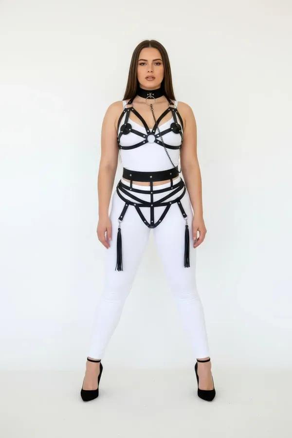 Black faux leather full body harness with silver chain tassel garter straps and front O-ring choker set, front view