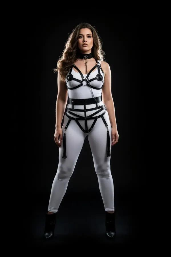 Black faux leather full body harness with silver chain tassel garter straps and front O-ring choker set, front view