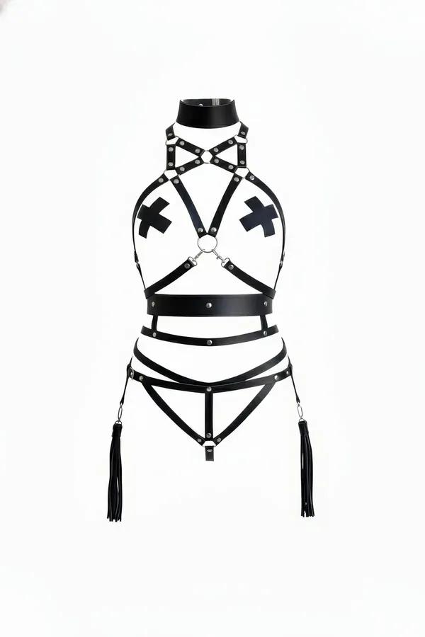 Black faux leather full body harness with high choker collar, chest cross straps, silver O-ring, waist band, and tassel fring