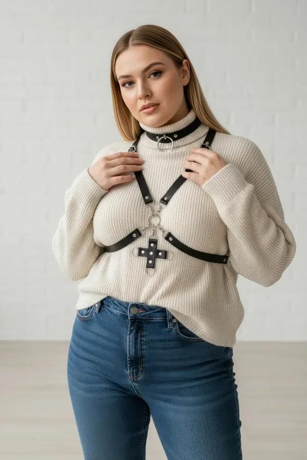 Faux Leather Chest Harness with O-Ring Choker & Cross Detail