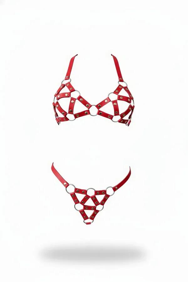 Red faux leather strappy harness bra and thong set with silver O-rings and rivet studs, geometric strap pattern
