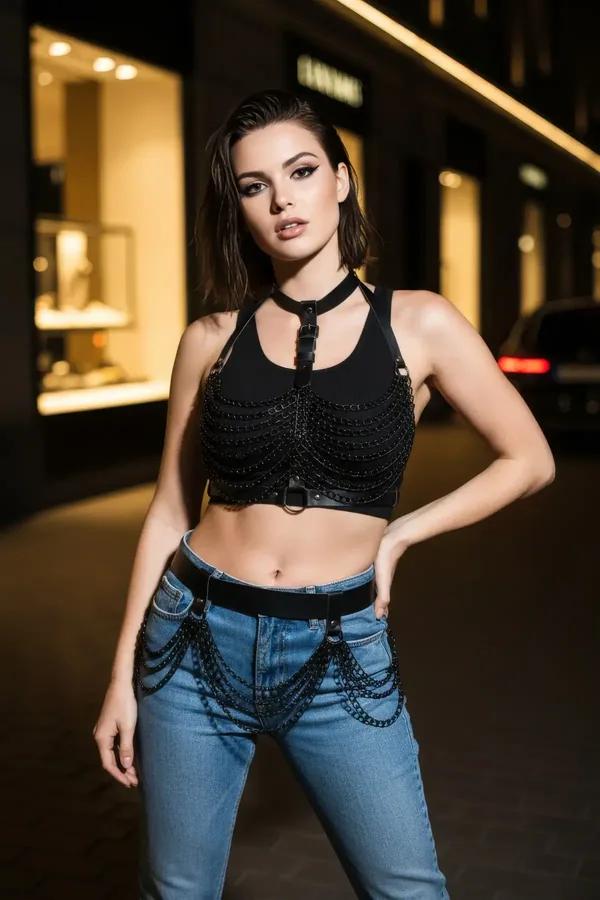 black faux leather chest harness with multi-layer silver chains and center O-ring worn over white crop top