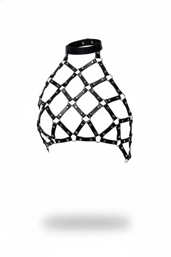 black faux leather caged chest harness with high-neck collar and silver stud rivets diamond grid front view