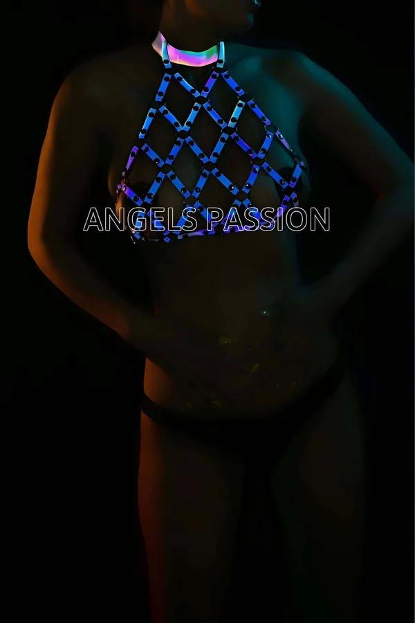 holografik reflektörlü büstiyer mavi UV ışık kafes desen yüksek yaka festival kıyafeti
