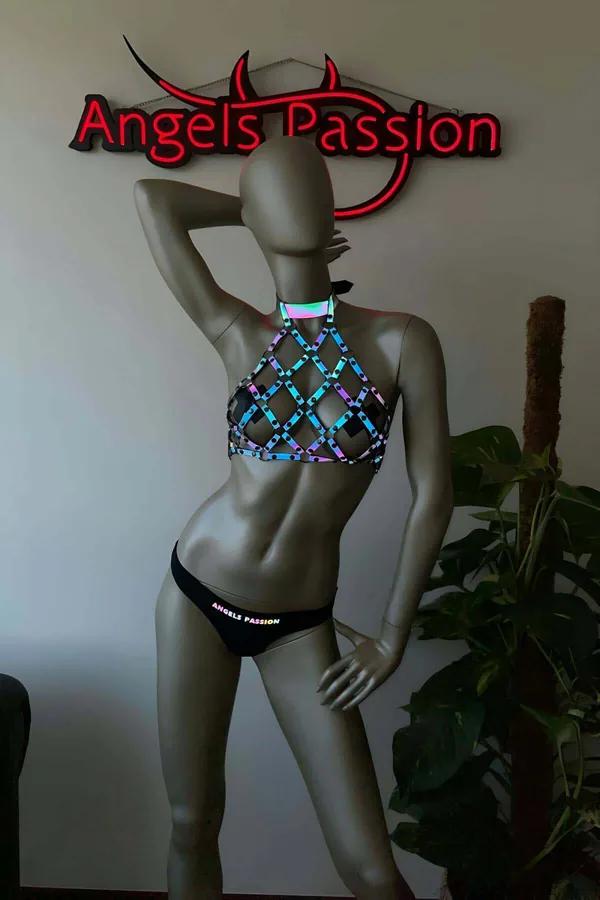 holografik reflektörlü büstiyer mavi UV ışık kafes desen yüksek yaka festival kıyafeti