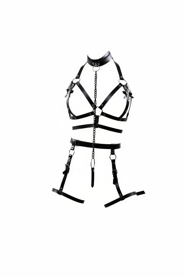 black faux leather full body harness with silver chain collar O-ring and thigh garter straps flat lay