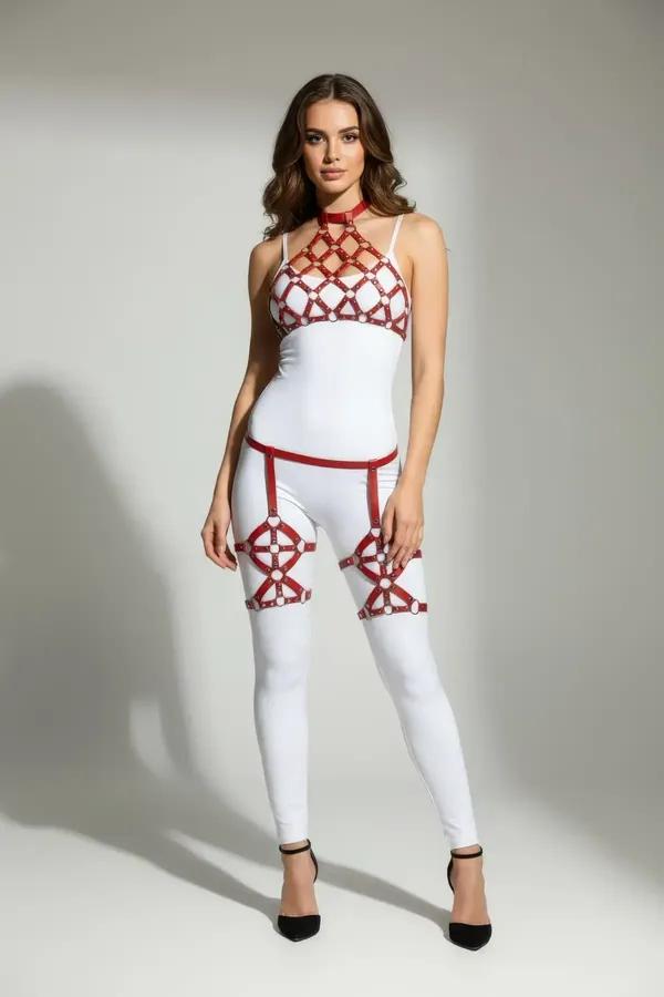 Red Vegan Leather Full Body Harness with O-Ring Details